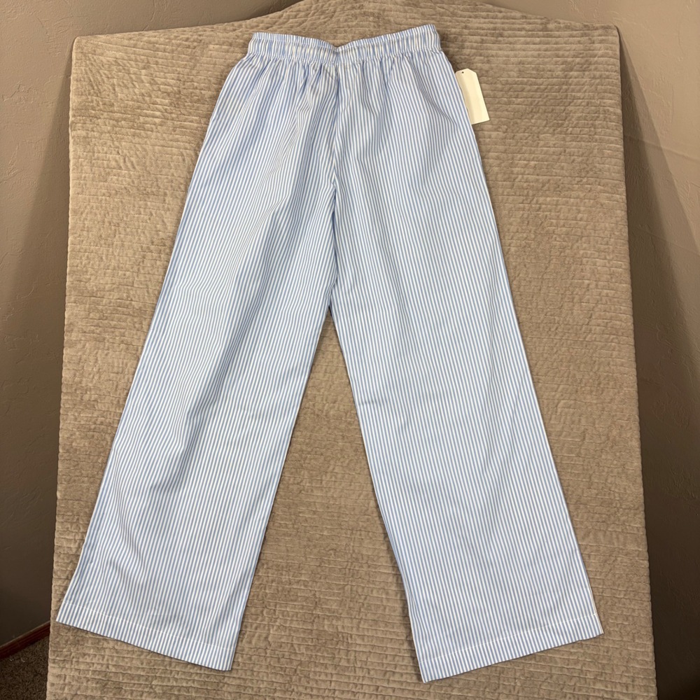 DONNI Blue White Striped Poplin Pants Wide Leg Cotton Rope Drawstring S - Picture 2 of 9